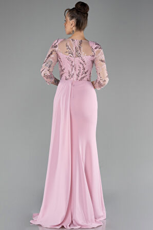 İşlemeli Kapri Kol Uzun Şifon Abiye Elbise ABU4293