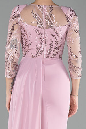 İşlemeli Kapri Kol Uzun Şifon Abiye Elbise ABU4293