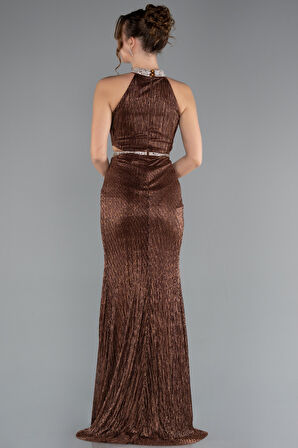 Halter Yaka Bacak Dekolteli Uzun Simli Abiye ABU4324