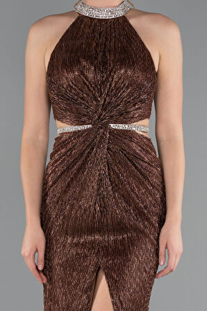 Halter Yaka Bacak Dekolteli Uzun Simli Abiye ABU4324