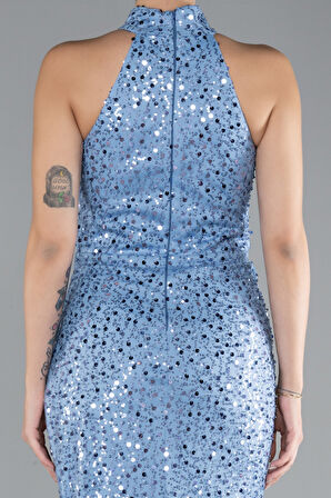 Halter Yaka Yırtmaçlı Uzun Pullu Abiye Elbise ABU4376
