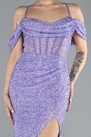 Bacak Ve Omuz Dekolteli Uzun Boncuklu Abiye ABU4394