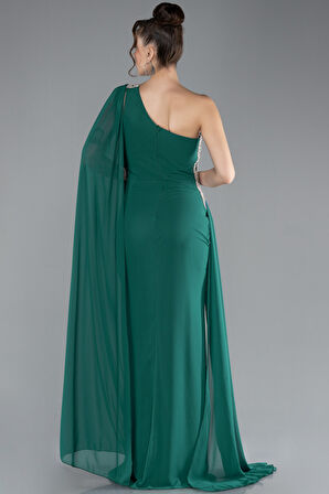 Şallı Tek Omuz Yırtmaçlı Uzun Şifon Abiye ABU4406