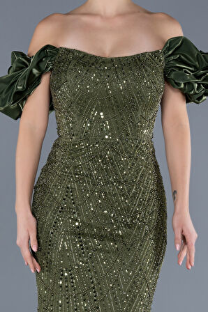 Kısa Kol Boncuklu Uzun Taşlı Balık Abiye Elbise ABU4509