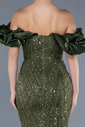 Kısa Kol Boncuklu Uzun Taşlı Balık Abiye Elbise ABU4509