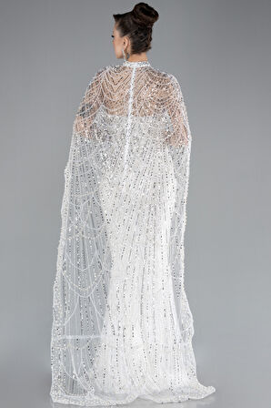 Straplez Boncuk İşlemeli Şal Detaylı Uzun Abiye ABU4517