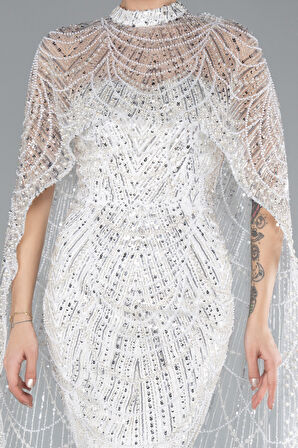 Straplez Boncuk İşlemeli Şal Detaylı Uzun Abiye ABU4517