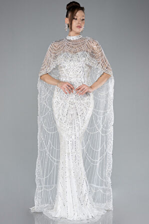 Straplez Boncuk İşlemeli Şal Detaylı Uzun Abiye ABU4517