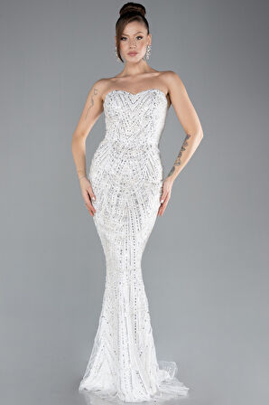 Straplez Boncuk İşlemeli Şal Detaylı Uzun Abiye ABU4517