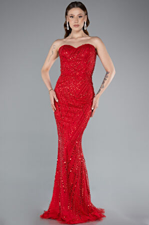 Straplez Boncuk İşlemeli Şal Detaylı Uzun Abiye ABU4517