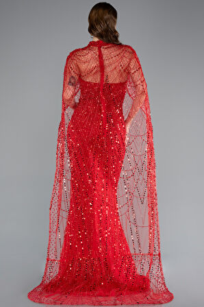 Straplez Boncuk İşlemeli Şal Detaylı Uzun Abiye ABU4517