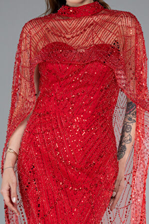 Straplez Boncuk İşlemeli Şal Detaylı Uzun Abiye ABU4517