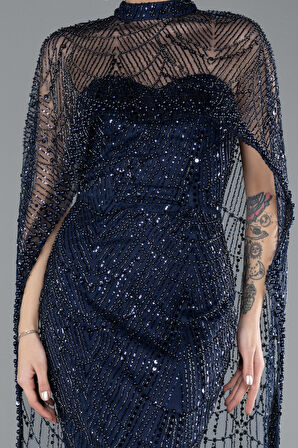 Straplez Boncuk İşlemeli Şal Detaylı Uzun Abiye ABU4517