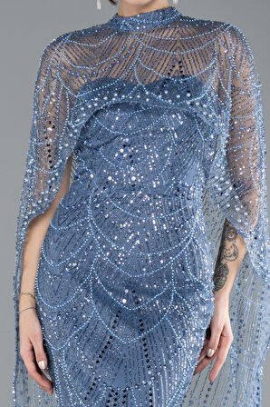 Straplez Boncuk İşlemeli Şal Detaylı Uzun Abiye ABU4517