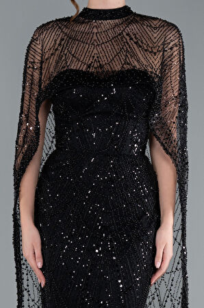 Straplez Boncuk İşlemeli Şal Detaylı Uzun Abiye ABU4517