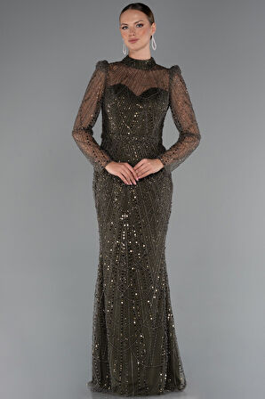 Uzun Kol Dik Yaka Taşlı Özel Tasarım Abiye ABU4526