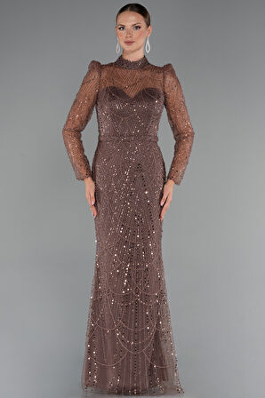 Uzun Kol Dik Yaka Taşlı Özel Tasarım Abiye ABU4526