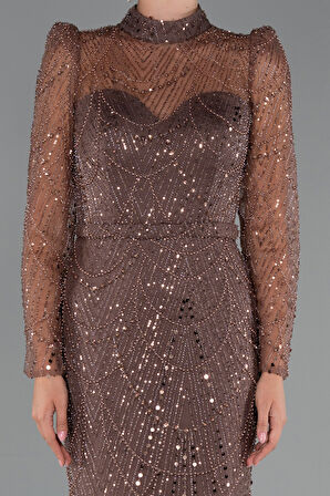 Uzun Kol Dik Yaka Taşlı Özel Tasarım Abiye ABU4526