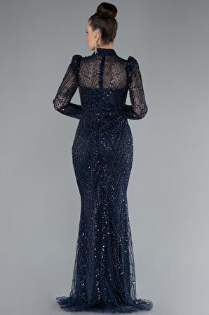 Uzun Kol Dik Yaka Taşlı Özel Tasarım Abiye ABU4526