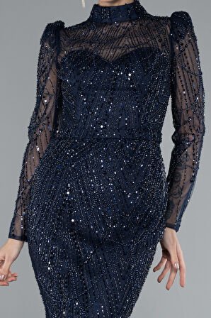 Uzun Kol Dik Yaka Taşlı Özel Tasarım Abiye ABU4526