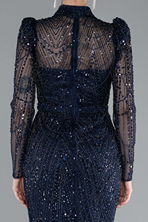 Uzun Kol Dik Yaka Taşlı Özel Tasarım Abiye ABU4526