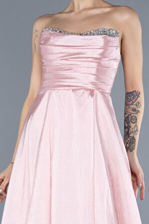 Taşlı Straplez Yaka Uzun Tafta Abiye Elbise ABU4579