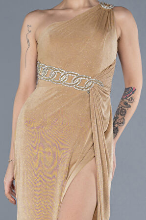 Tek Omuz Bacak Dekolteli Uzun Simli Abiye ABU4599