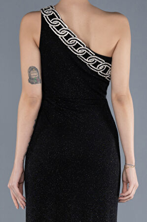 Tek Omuz Bacak Dekolteli Uzun Simli Abiye ABU4599