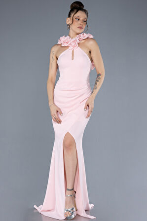 Güllü Halter Yaka Yırtmaçlı Uzun Abiye ABU4610