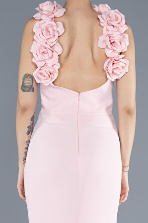 Güllü Halter Yaka Yırtmaçlı Uzun Abiye ABU4610