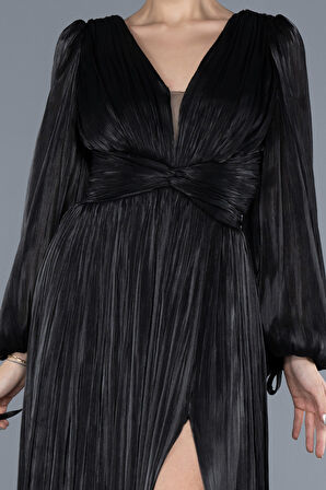 Uzun Kol Yırtmaçlı Ateş Pile Şifon Abiye Elbise ABU4622