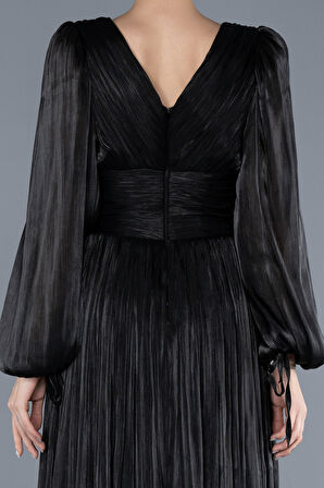 Uzun Kol Yırtmaçlı Ateş Pile Şifon Abiye Elbise ABU4622