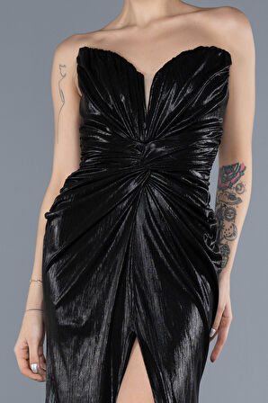 Straplez Bacak Dekolteli Parlak Kumaş Uzun Abiye ABU4623