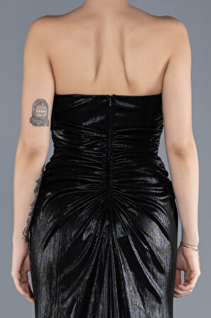 Straplez Bacak Dekolteli Parlak Kumaş Uzun Abiye ABU4623