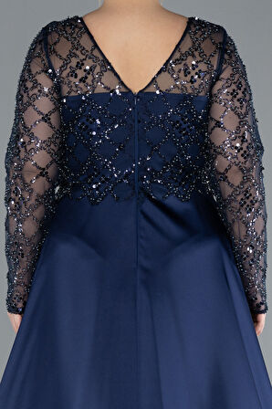 Boncuklu Uzun Kol Yırtmaçlı Saten Büyük Beden Abiye ABU4639