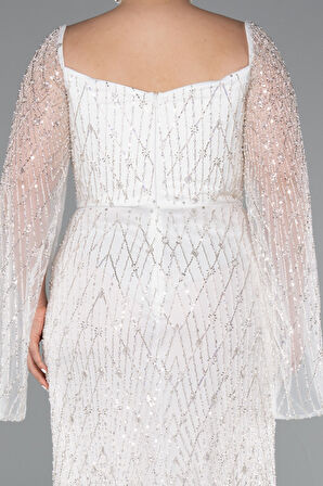 Kare Yaka Uzun Kol Boncuklu Büyük Beden Abiye ABU4640