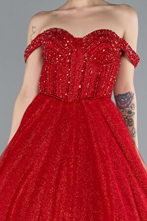 Taş İşlemeli Kayık Yaka Simli Uzun Prenses Elbisesi ABU4655