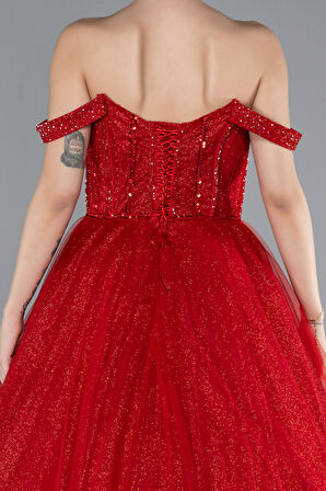 Taş İşlemeli Kayık Yaka Simli Uzun Prenses Elbisesi ABU4655