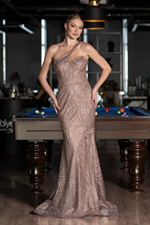 Tek Omuz Bacak Dekolteli Uzun Simli Abiye ABU4697