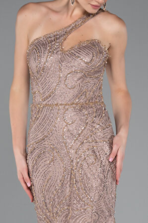 Tek Omuz Bacak Dekolteli Uzun Simli Abiye ABU4697