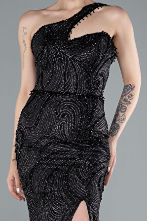 Tek Omuz Bacak Dekolteli Uzun Simli Abiye ABU4697