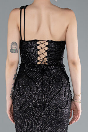 Tek Omuz Bacak Dekolteli Uzun Simli Abiye ABU4697