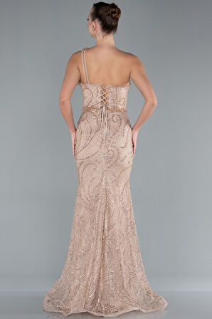 Tek Omuz Bacak Dekolteli Uzun Simli Abiye ABU4697