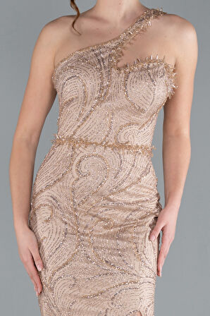 Tek Omuz Bacak Dekolteli Uzun Simli Abiye ABU4697