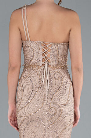 Tek Omuz Bacak Dekolteli Uzun Simli Abiye ABU4697