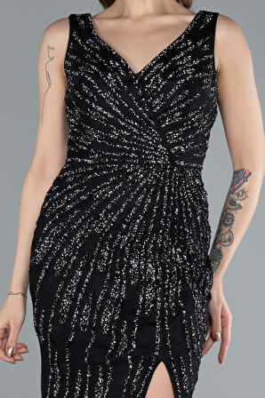 Kolsuz V Yaka Yırtmaçlı Uzun Taşlı Balık Abiye ABU4714