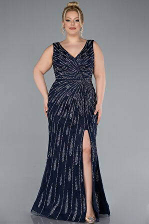 Kolsuz Yırtmaçlı Uzun Taşlı Büyük Beden Abiye ABU4717