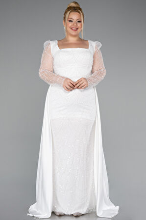 Taşlı Uzun Kol Saten Kuyruklu Büyük Beden Abiye ABU4761