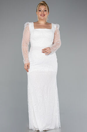 Taşlı Uzun Kol Saten Kuyruklu Büyük Beden Abiye ABU4761