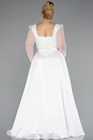 Taşlı Uzun Kol Saten Kuyruklu Büyük Beden Abiye ABU4761